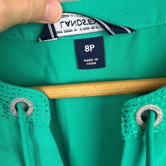 Lands' End Shift Dress Sz 8P Green Tie Slit Neck Short Sleeve Side Pockets - Picture 5 of 8